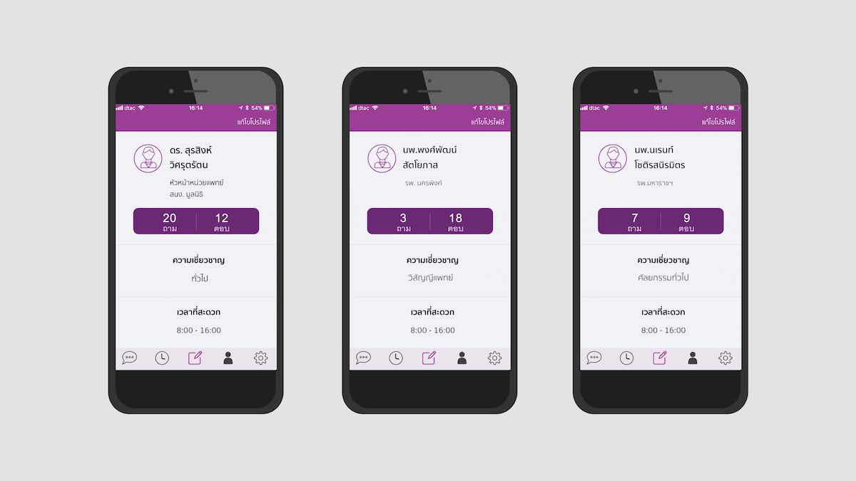 หน้าจอโปรไฟล์แพทย์ใน DV Consult แสดงจำนวนถามและตอบ